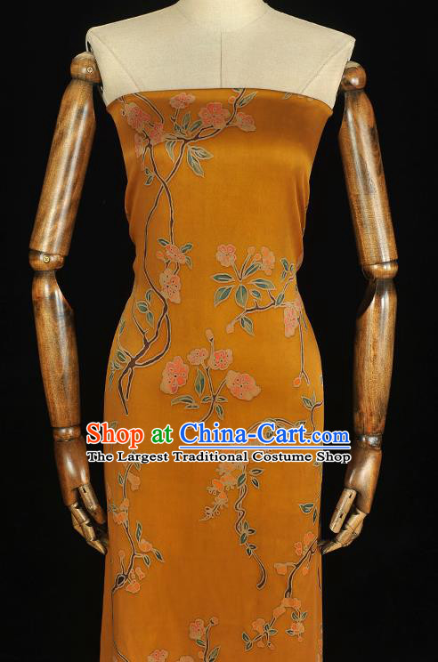 Chinese Yellow Gambiered Guangdong Gauze Classical Peach Blossom Pattern Satin Traditional Silk Drapery Cheongsam Cloth Fabric