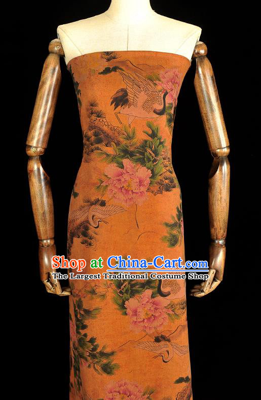 Chinese Traditional Silk Drapery Cheongsam Cloth Fabric Classical Crane Peony Pattern Satin Orange Gambiered Guangdong Gauze