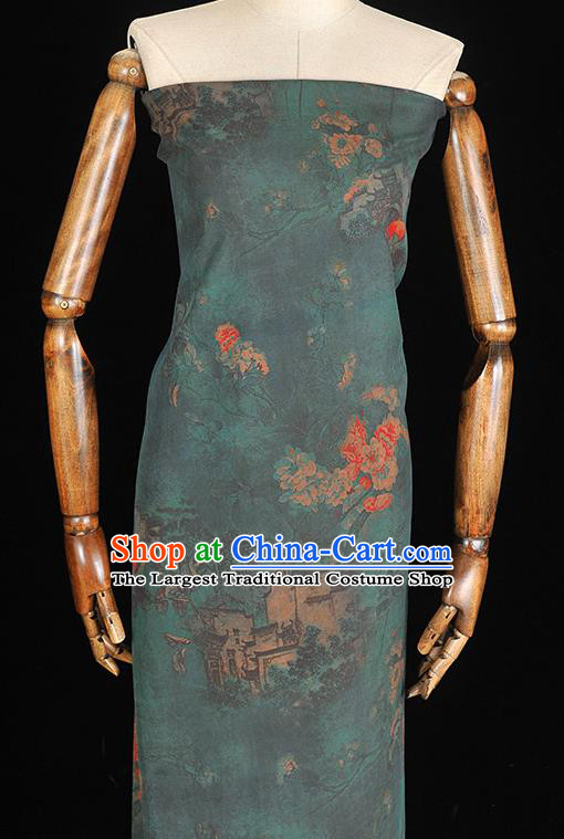 Chinese Traditional Gambiered Guangdong Gauze Cheongsam Cloth Classical Peach Blossom Pattern Atrovirens Silk Fabric