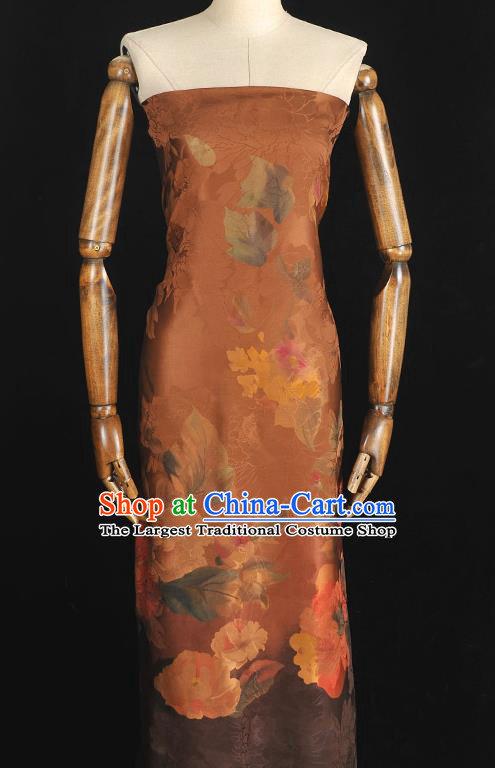 Chinese Classical Flowers Pattern Silk Fabric Traditional Gambiered Guangdong Gauze Brown Satin Cheongsam Cloth