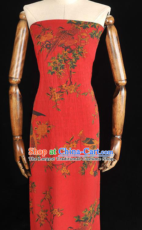 Chinese Classical Begonia Birds Pattern Red Silk Fabric Traditional Gambiered Guangdong Gauze Cheongsam Cloth