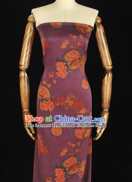 Chinese Purple Gambiered Guangdong Gauze Classical Plum Peony Pattern Silk Fabric Traditional Cheongsam Cloth