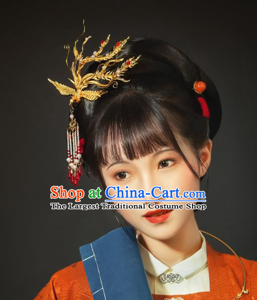 China Ancient Court Queen Phoenix Hair Crown Hair Accessories Traditional Ming Dynasty Empress Gilding Tassel Hairpin