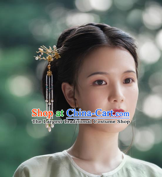 China Traditional Ming Dynasty Flower Bird Tassel Hairpin Ancient Court Lady Gilding Hair Stick Hair Accessories