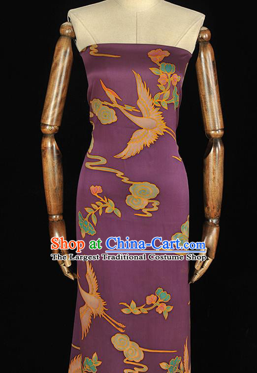 Chinese Traditional Gambiered Guangdong Gauze Classical Crane Flower Pattern Silk Fabric Cheongsam Purple Satin Cloth