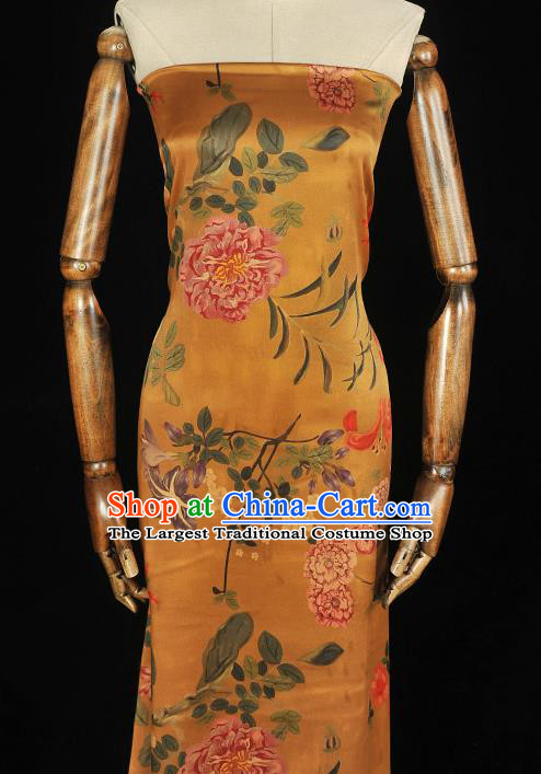 Chinese Classical Spring Flowers Pattern Silk Fabric Traditional Ginger Gambiered Guangdong Gauze Cheongsam Satin Cloth