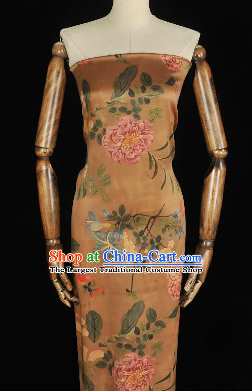 Chinese Traditional Gambiered Guangdong Gauze Cheongsam Brown Satin Cloth Classical Spring Flowers Pattern Silk Fabric