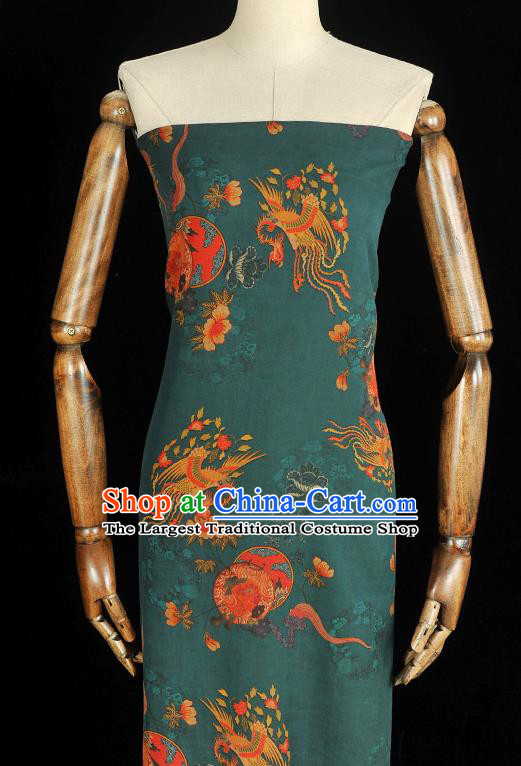 Chinese Gambiered Guangdong Gauze Classical Phoenix Peony Pattern Cloth Traditional Cheongsam Teal Silk Fabric