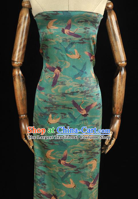 Chinese Traditional Cheongsam Gambiered Guangdong Gauze Classical Cranes Pattern Blue Silk Cloth Satin Fabric