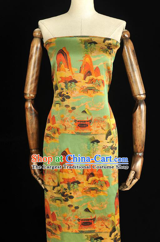 Chinese Classical Fairyland Pattern Silk Material Cheongsam Gambiered Guangdong Gauze Traditional Green Silk Fabric