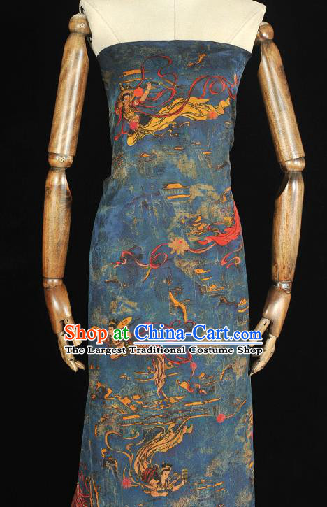 Chinese Cheongsam Traditional Silk Fabric Blue Gambiered Guangdong Gauze Classical Flying Goddess Pattern Silk Material