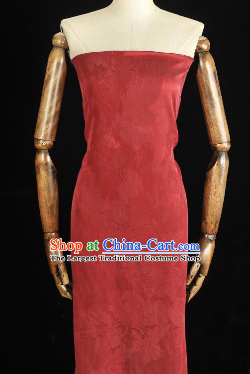 Chinese Purplish Red Gambiered Guangdong Gauze Traditional Cheongsam Jacquard Silk Fabric Classical Peony Pattern Satin Material