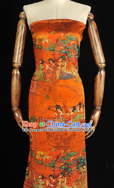 Traditional Silk Material Chinese Cheongsam Classical Musician Beauty Pattern Silk Fabric Orange Gambiered Guangdong Gauze