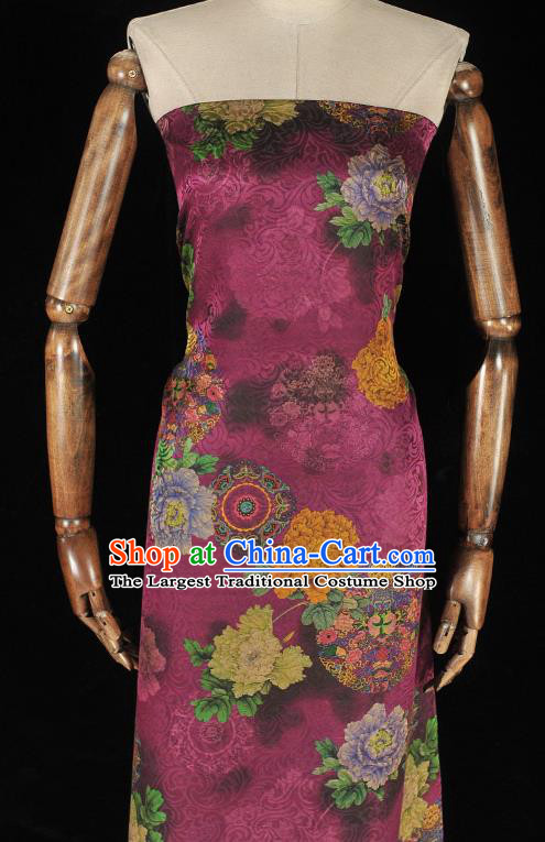 Chinese Classical Peony Pattern Purple Silk Fabric Cheongsam Gambiered Guangdong Gauze Material Traditional Jacquard Silk Cloth