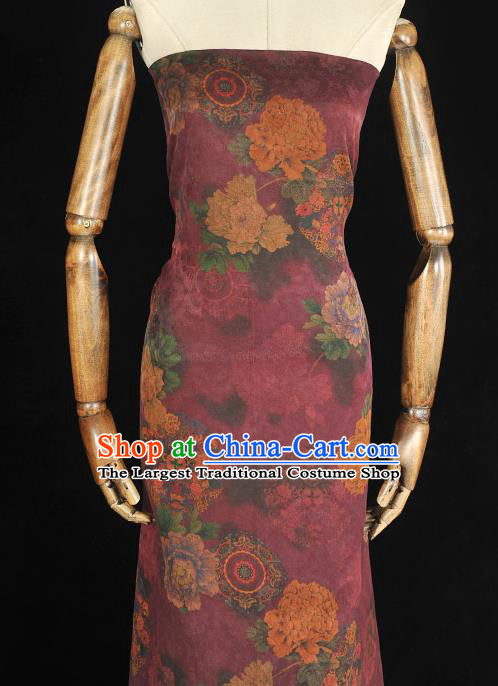 Chinese Cheongsam Gambiered Guangdong Gauze Material Traditional Jacquard Silk Cloth Classical Peony Pattern Wine Red Silk Fabric