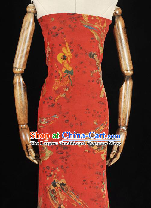 Chinese Traditional Cheongsam Silk Cloth Red Gambiered Guangdong Gauze Material Classical Goddess Pattern Silk Fabric