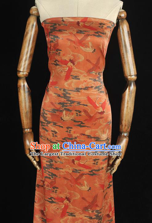 Chinese Classical Cranes Pattern Silk Cloth Rust Red Satin Fabric Traditional Cheongsam Gambiered Guangdong Gauze