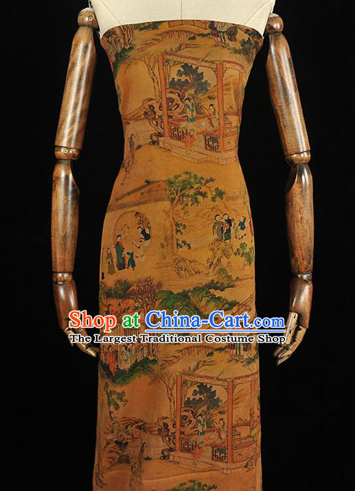 Chinese Traditional Ming Dynasty Beauty Pattern Silk Fabric Classical Cheongsam Material Brown Gambiered Guangdong Gauze