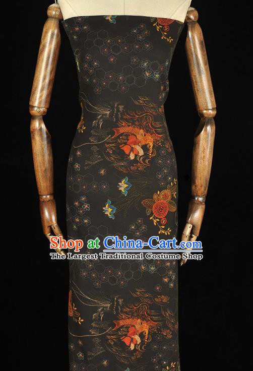 Top Chinese Classical Cheongsam Black Gambiered Guangdong Gauze Traditional Cloth Fabric Carps Pattern Silk Material