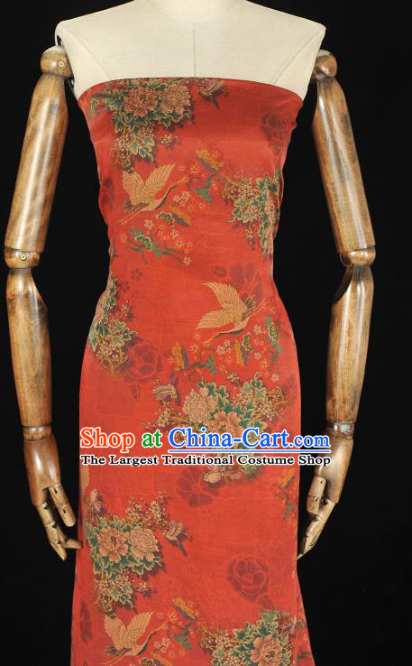 Chinese Cheongsam Gambiered Guangdong Gauze Traditional Top Cloth Fabric Classical Peony Crane Pattern Red Silk Material