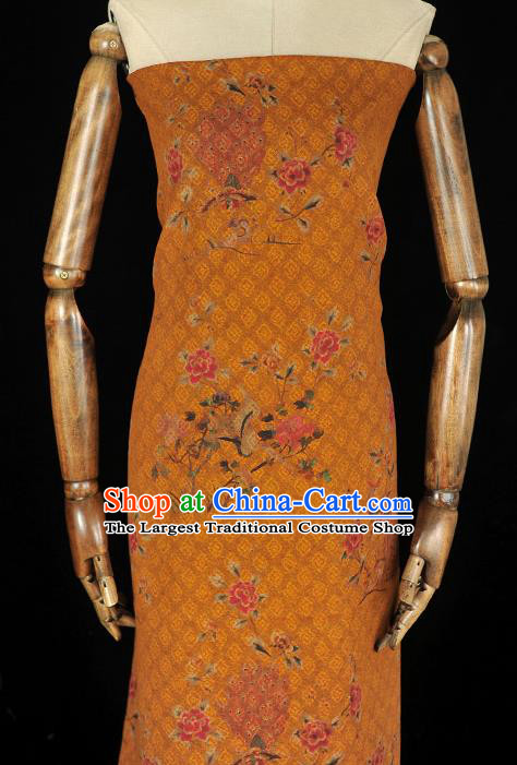 Top Traditional Cloth Fabric Cheongsam Gambiered Guangdong Gauze Chinese Classical Rose Flowers Pattern Yellow Silk Material