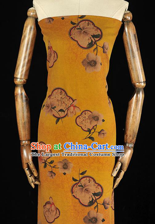 Top Chinese Cheongsam Gambiered Guangdong Gauze Traditional Cloth Fabric Classical Flowers Pattern Yellow Silk Material