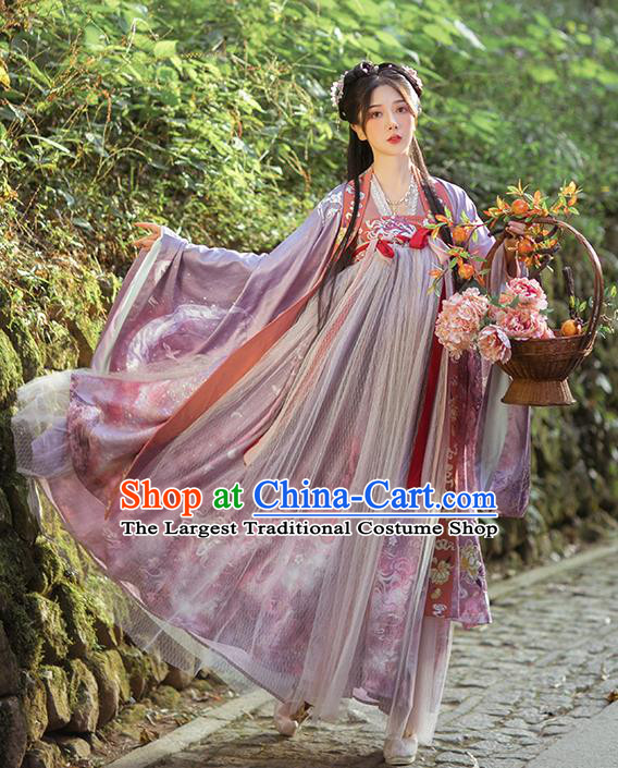 Traditional China Tang Dynasty Princess Historical Clothing Ancient Noble Lady Lilac Hanfu Dress