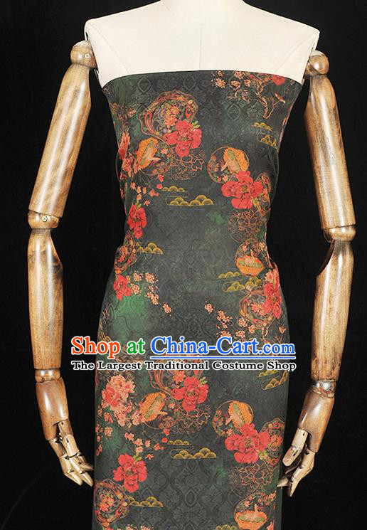 Chinese Traditional Gambiered Guangdong Gauze Classical Peony Plum Pattern Silk Fabric Cheongsam Green Cloth Material