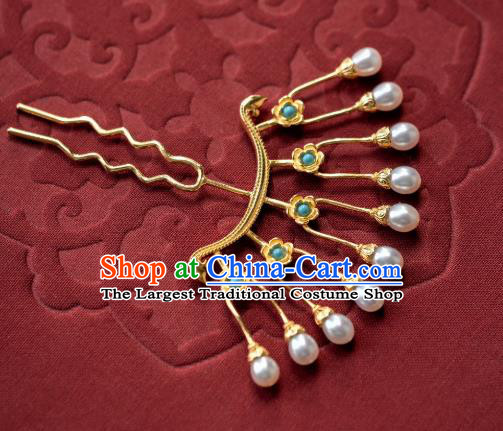 China Ming Dynasty Pearls Hair Clip Traditional Hanfu Hair Accessories Ancient Princess Gilding Hairpin Hair Stick