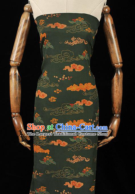 Chinese Traditional Cheongsam Atrovirens Silk Fabric Classical Clouds Pattern Gambiered Guangdong Gauze Cloth Material