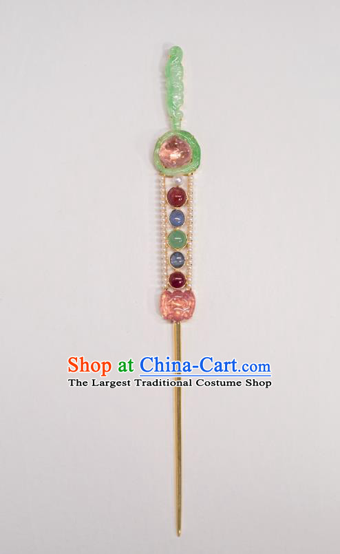 China Ancient Imperial Concubine Gems Hairpin Qing Dynasty Court Hair Accessories Traditional Jade Bat Hair Stick