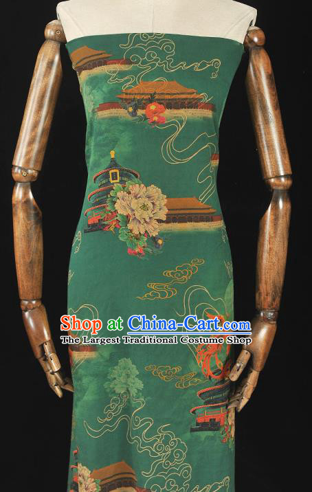 Top Grade Cheongsam Green Gambiered Guangdong Gauze Chinese Traditional Heaven Temple Pattern Silk Drapery Silk Fabric