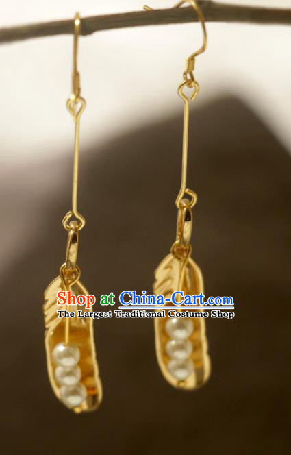 Handmade Traditional Classical Cheongsam Ear Accessories Chinese National Golden Leaf Earrings