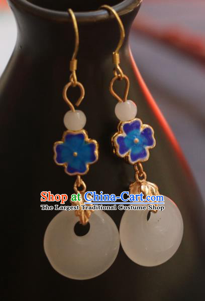 Handmade Traditional Enamel Flower Ear Accessories Chinese National White Jade Ring Earrings