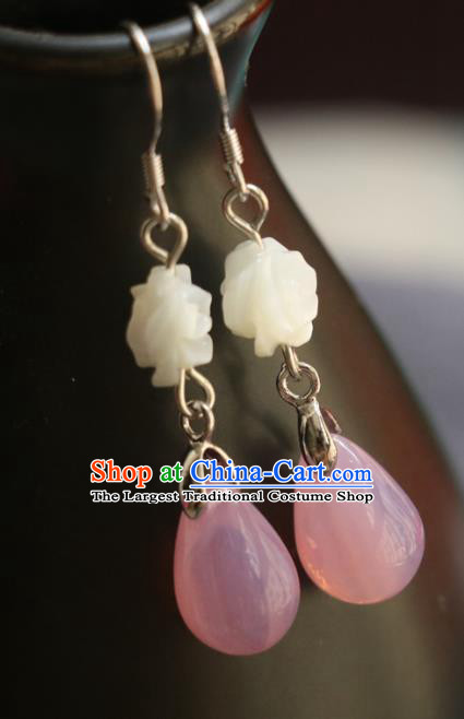 Handmade Traditional Shell Carving Rose Ear Accessories Chinese National Pink Water Drop Earrings