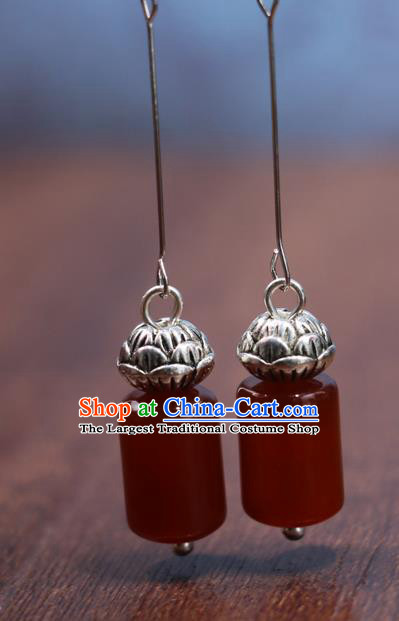 Handmade Traditional Silver Lotus Ear Accessories Chinese Hanfu Jewelry National Agate Earrings