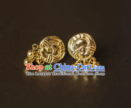 China Ancient Princess Golden Carving Crane Ear Jewelry Accessories Traditional Tang Dynasty Empress Earrings