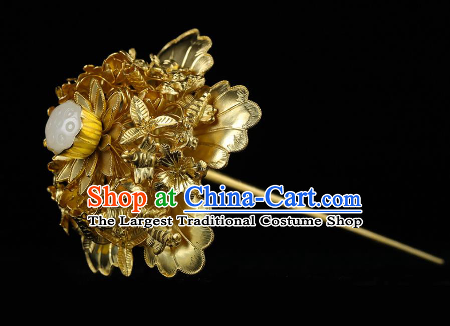 China Traditional Jade Lotus Seedpod Hair Accessories Handmade Ancient Empress Hairpin Ming Dynasty Golden Peony Hair Stick for Women