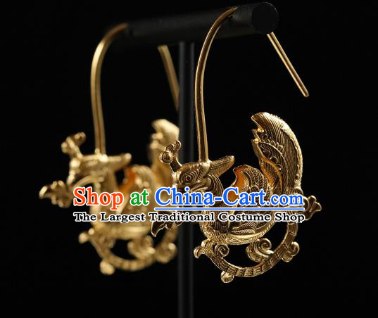 Handmade Chinese Traditional Ming Dynasty Ear Accessories Jewelry Ancient Court Empress Golden Phoenix Earrings