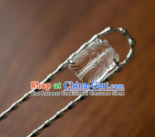 China Traditional Ancient Court Woman Hair Accessories Hanfu Argent Bamboo Hair Stick Ming Dynasty White Crystal Cicada Hairpin