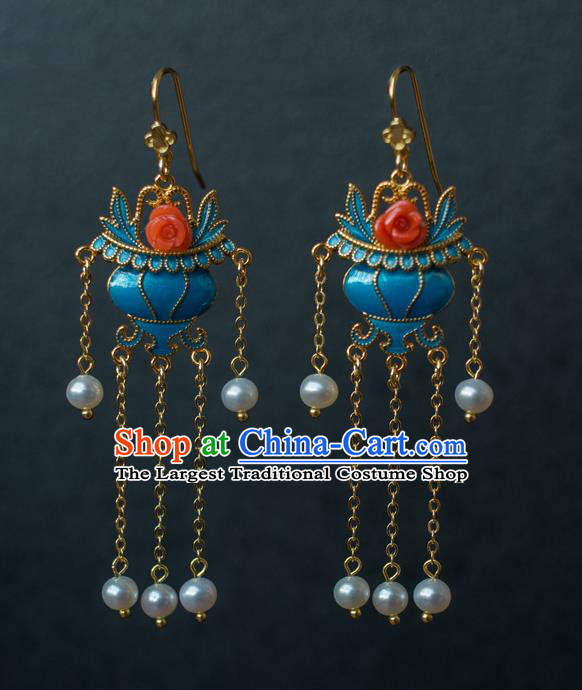 China Ancient Court Lady Blueing Ear Jewelry Accessories Traditional Qing Dynasty Tassel Earrings