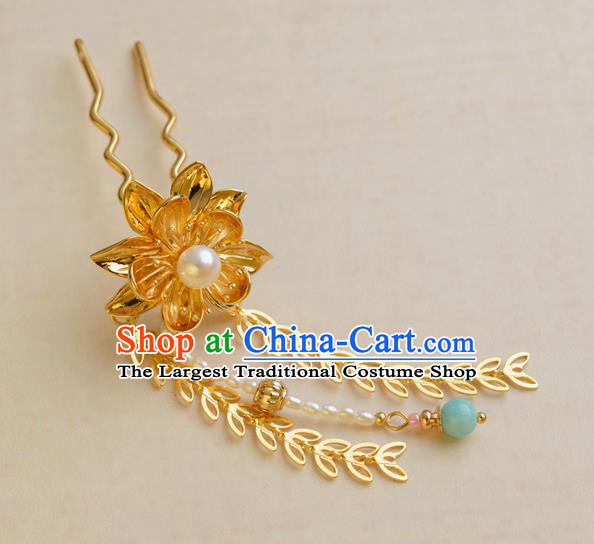 China Hanfu Pearls Tassel Hair Stick Traditional Ancient Princess Hair Accessories Qing Dynasty Golden Lotus Hairpin