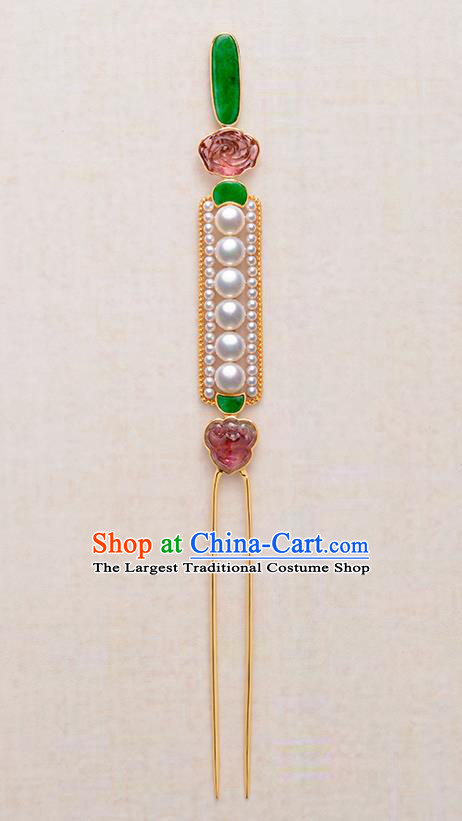 China Hanfu 18K Gold Hair Stick Traditional Ancient Imperial Concubine Hair Accessories Qing Dynasty Pearls Gems Hairpin