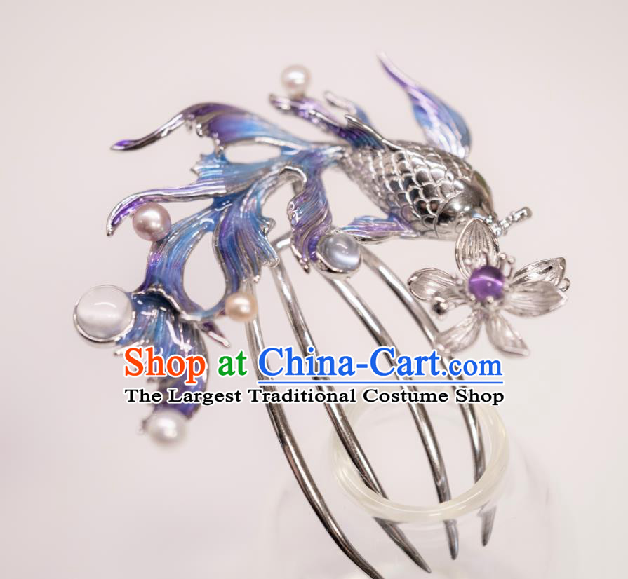 China Traditional Argent Lotus Fish Hair Comb Ancient Imperial Concubine Hairpin Qing Dynasty Court Hair Accessories