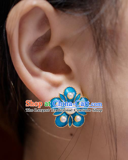 China Ancient Court Lady Pearls Ear Jewelry Accessories Traditional Qing Dynasty Enamel Plum Blossom Earrings