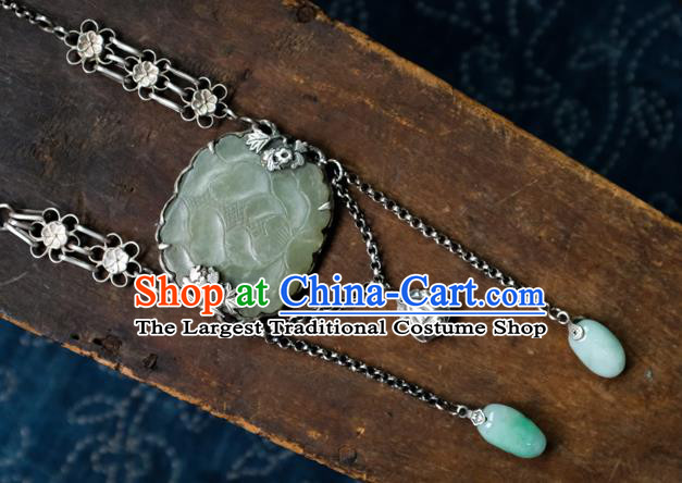 China Handmade National Silver Jewelry Accessories Traditional Jade Carving Lotus Necklace Pendant