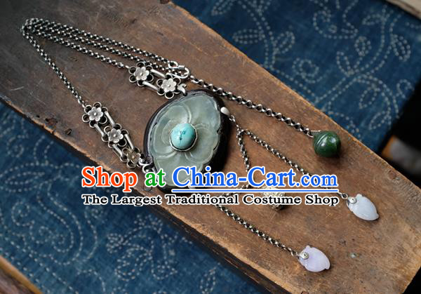 Handmade China Traditional Jade Carving Lotus Necklace Pendant National Silver Jewelry Accessories