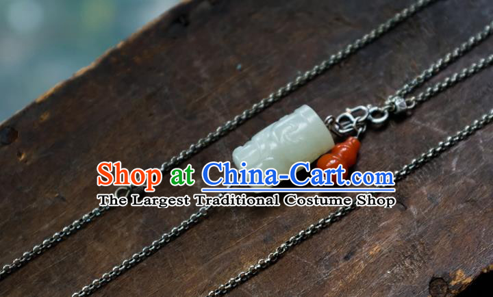 Handmade China Traditional White Jade Necklace Pendant National Women Red Agate Gourd Jewelry Silver Accessories