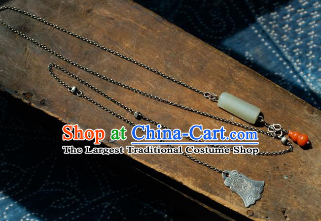 Handmade China Silver Accessories National Women Red Agate Gourd Jewelry Traditional White Jade Necklace Pendant