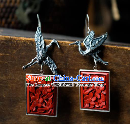 China Traditional Vermilion Seal Jewelry Handmade Silver Carving Crane Ear Accessories National Earrings